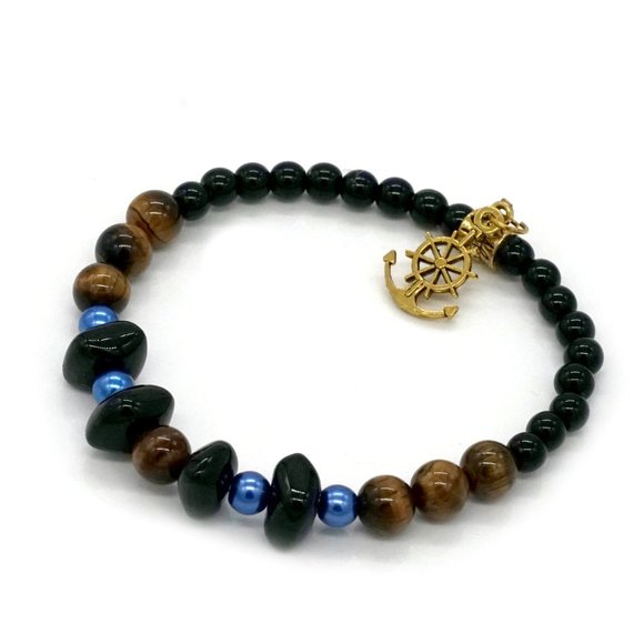My Bead Emporium Other - Bracelet Onyx Blue Pearls Tiger's Eye Stones Gold Anchor Charm